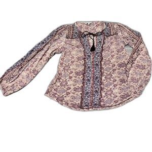 Lucky Brand Top M Burgundy Blue Print Tassel Tie Boho Chic Layered Fall Casual